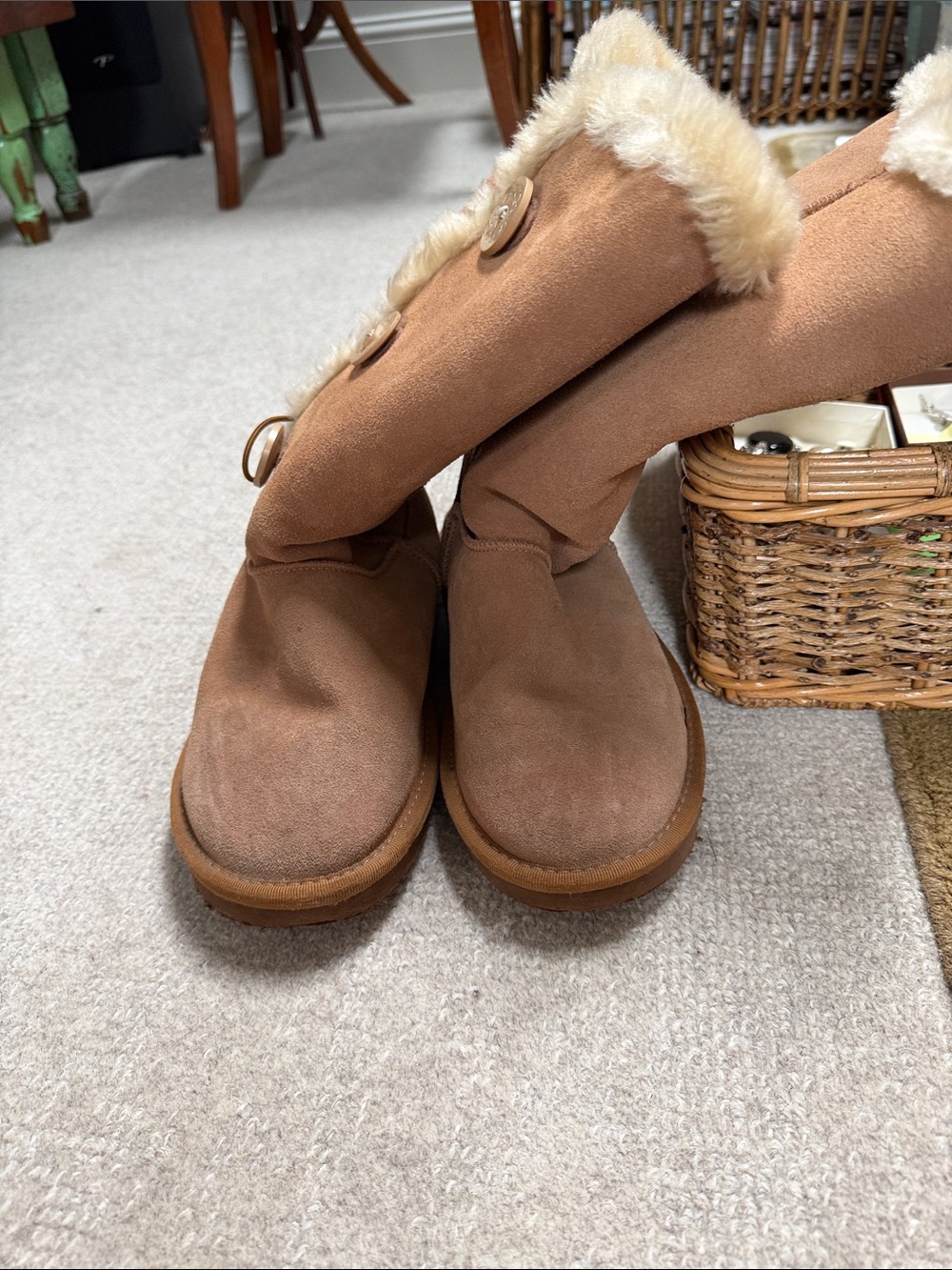 UGG Chestnut Suede-Look Faux Fur Button Mid-Calf Boots